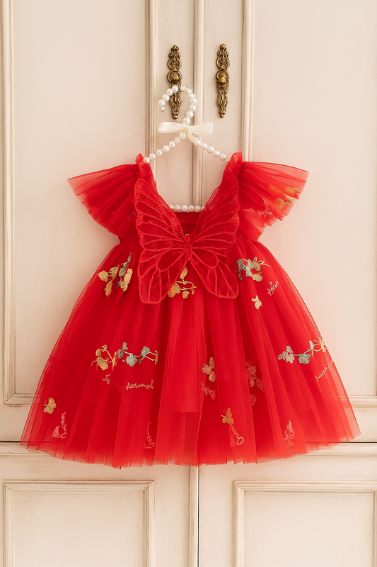 Vestido tul rojo bordado T5